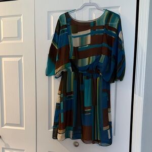 Robbie Bee Blue and Brown Abstract Mini Dress